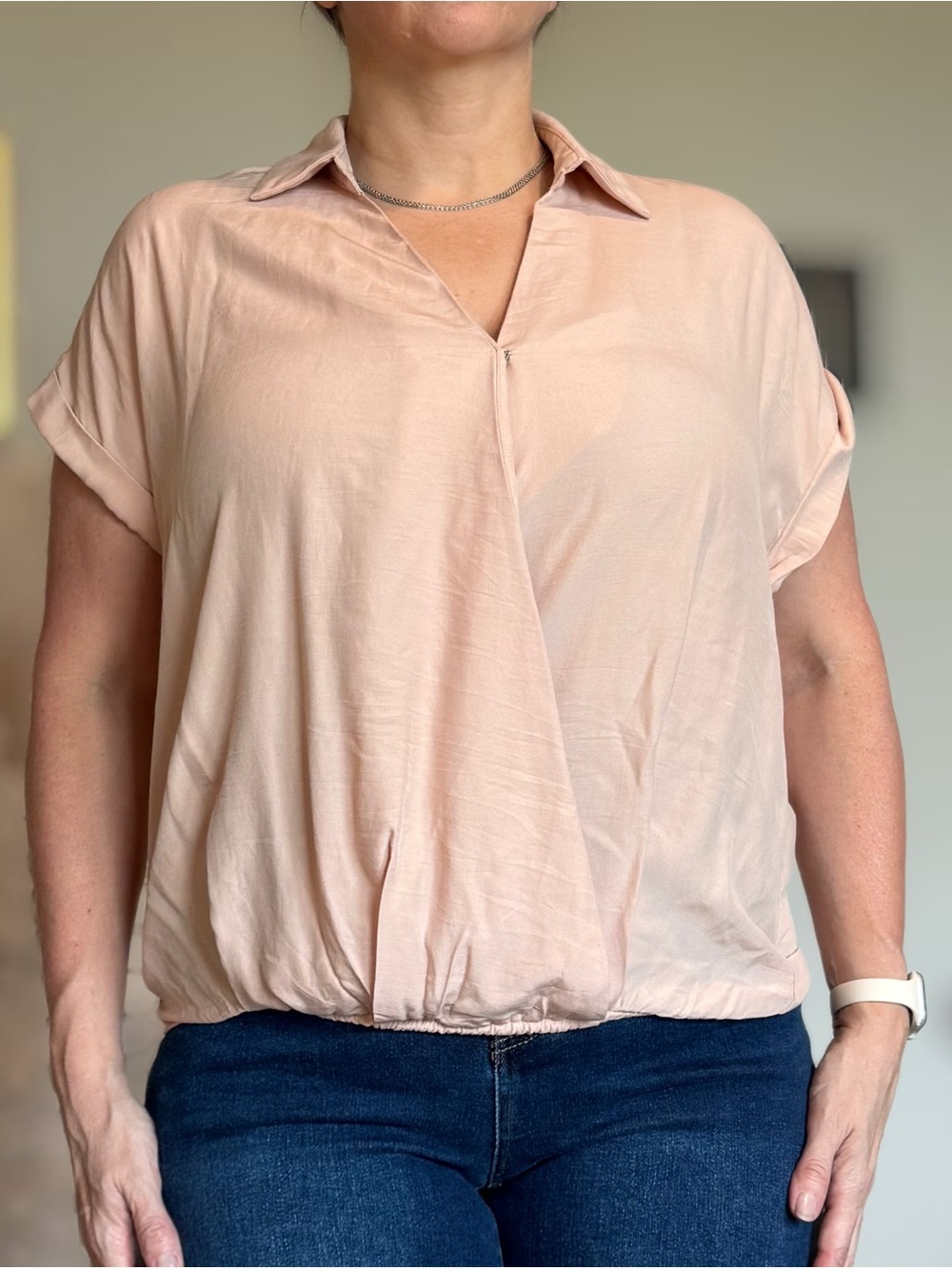 Light Blush Short Sleeve Collared V-Neck Blouse